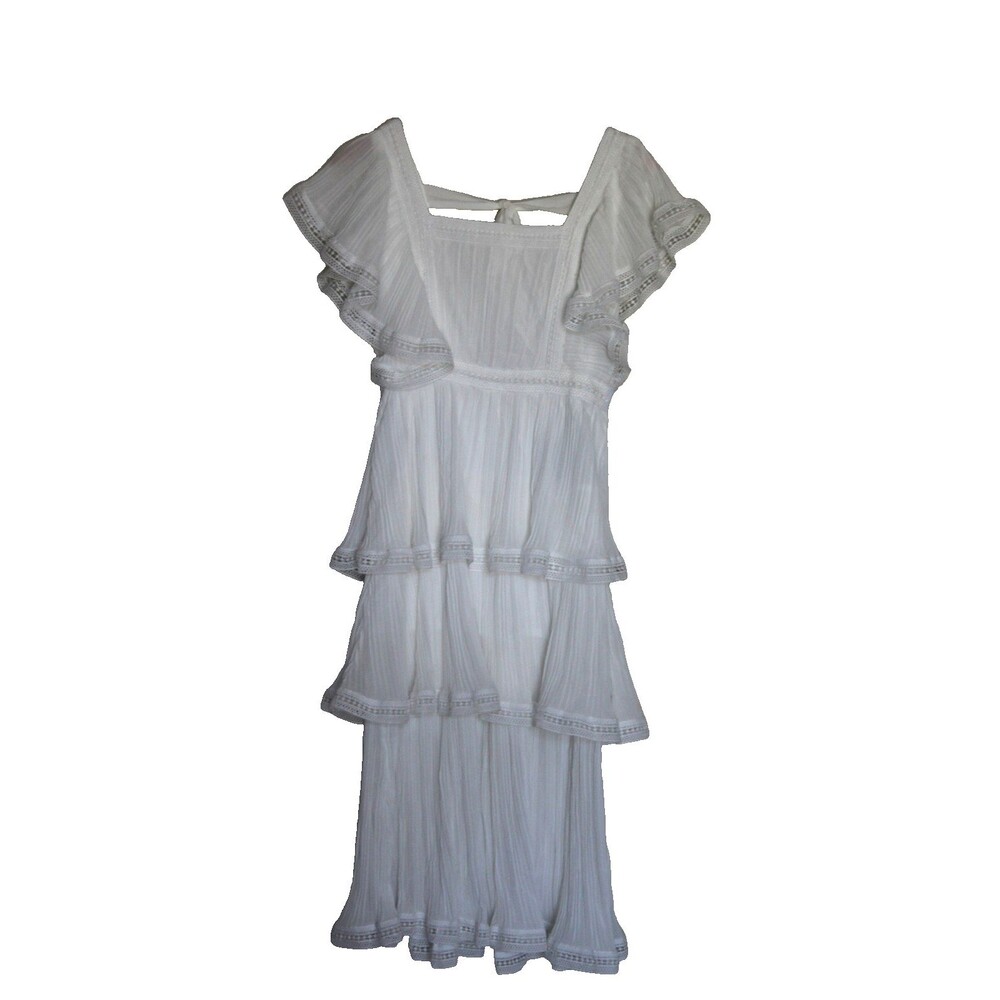 White Tiered Ruffle Midi Dress Puff Sleeve Chiffon Flowy Romantic Small Boho
